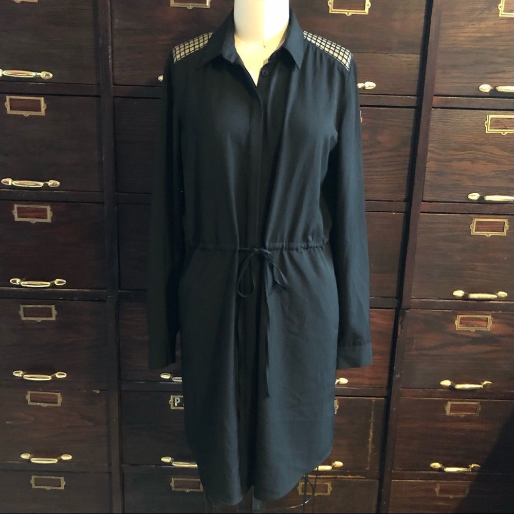 LOFT Black Lace Insert Drawstring Shirt Dress -S